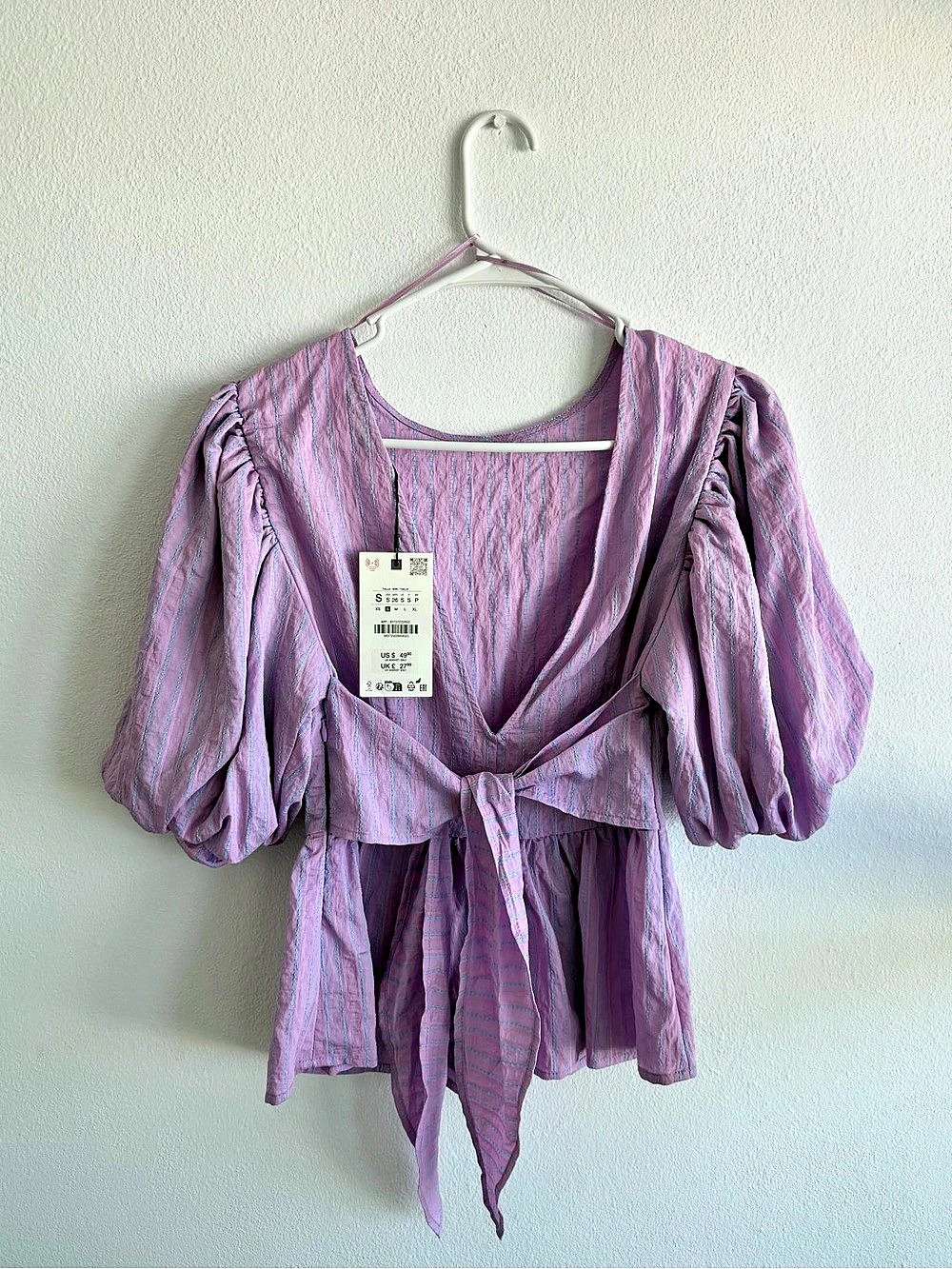 Zara Striped Puff Sleeve Tie Blouse in Purple & Pink